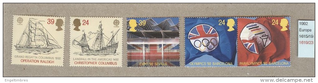 GB 1992 Europa SG 1615/19 - Unused Stamps