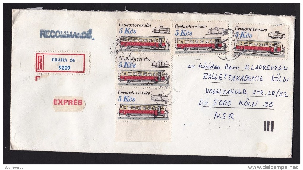 Czechoslovakia: Express Registered Cover To Germany, 5 Stamps, Old Tram / Train, Transport, R-label (roughly Opened) - Lettres & Documents