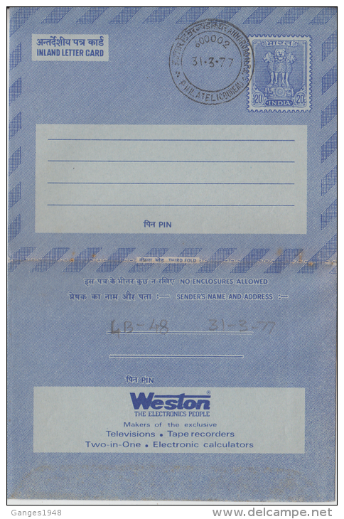 India  1977  WESTON  Electronics  20 (P)  FOLDED  Inland Letter  #  84858  Inde  Indien - Inland Letter Cards