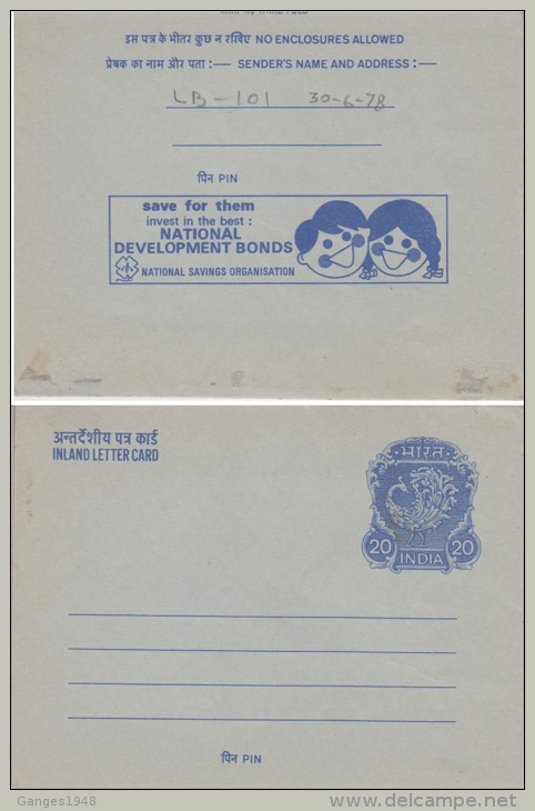 India  1978  NATIONAL DEVELOPEMENT BONDS  20 (P)  FOLDED  Inland Letter  #  84886  Inde  Indien - Inland Letter Cards