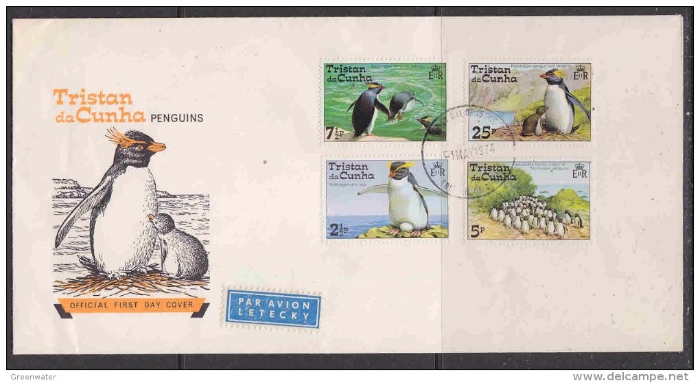 Tristan Da Cunha 1974 Penguins 4v FDC (backside Label "Sabena") (F3683) - Tristan Da Cunha