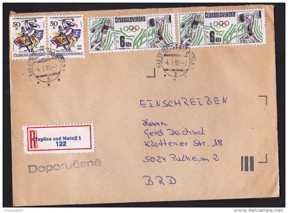 Czechoslovakia: Registered Cover To Germany, 1991, 4 Stamps, Olympics, Weight Lifting, Dance, R-label (traces Of Use) - Brieven En Documenten