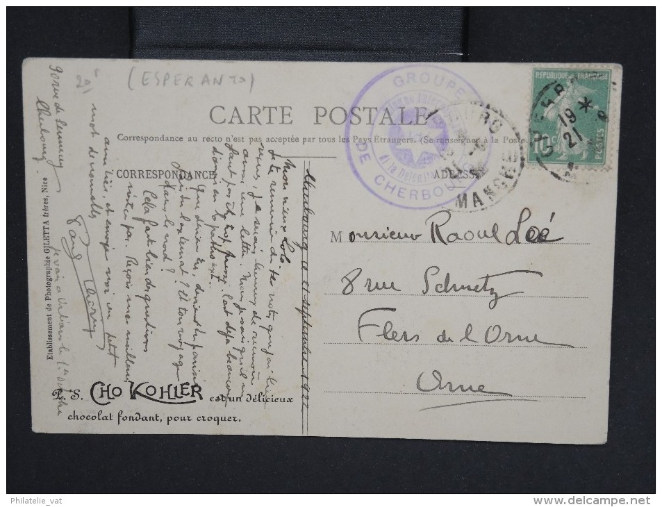 FRANCE-Carte De Partie De Cherbourg Pour Flers En 1922  Cachet En Violet Du Groupe IDO En Esperanto  à Voir P6742 - Esperanto