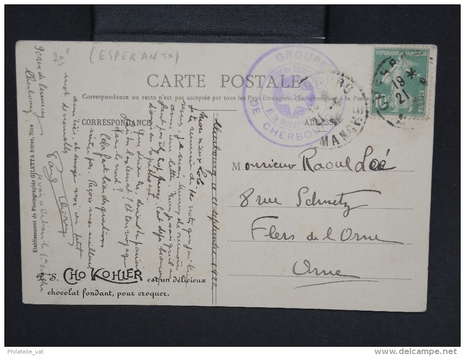 FRANCE-Carte De Partie De Cherbourg Pour Flers En 1922  Cachet En Violet Du Groupe IDO En Esperanto  à Voir P6742 - Esperánto