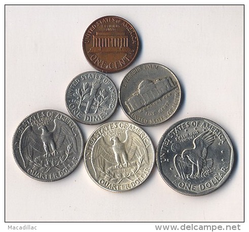 Lot De 6 Pièces De 0ne Cent, Quarter Dollar, One Dollard, One Dime, Five Cents - 1932-1998: Washington