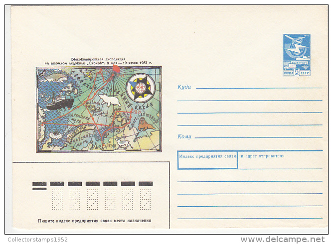 22302- SIBIR NUCLEAR ICEBREAKER, ARCTIC VOYAGES MAP, COVER STATIONERY, 1987, RUSSIA - Polar Ships & Icebreakers