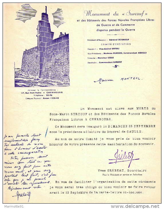 DOC #3 LETTRE INVITATION INAUGURATION MONUMENT SURCOUF BATIMENT FNFL FFL MARINE FRANCE LIBRE 1951 - Documents Historiques