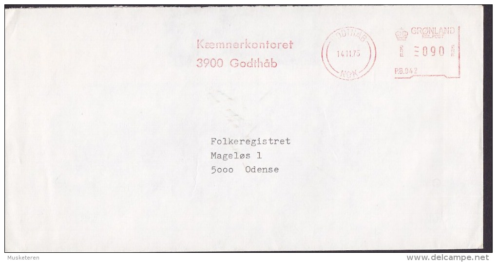 Greenland KÆMNERKONTORET, 3900 GODTHÅB 1975 Meter Cover Brief To ODENSE Denmark (2 Scans) - Marcofilie