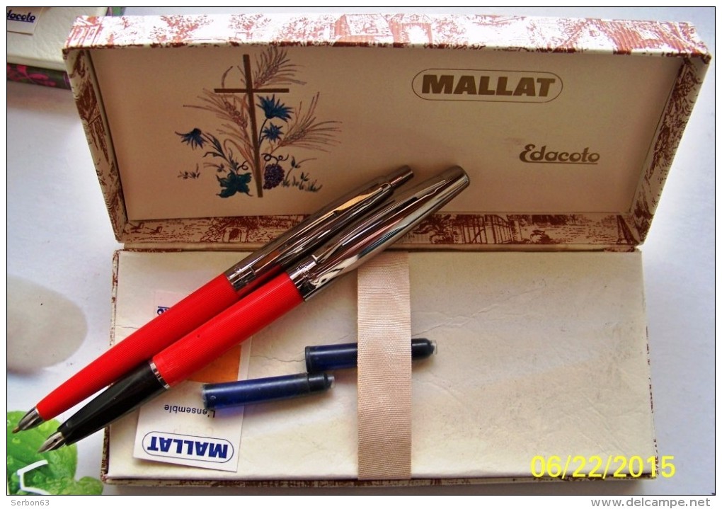 2 STYLOS ENCRE ET BILLE MALLAT EDACOTO N°23 AGRAFES & PLUME CHROMEES BELLE PRESENTATION BOITE CARTON FERMETURE PAPETERIE - Penne