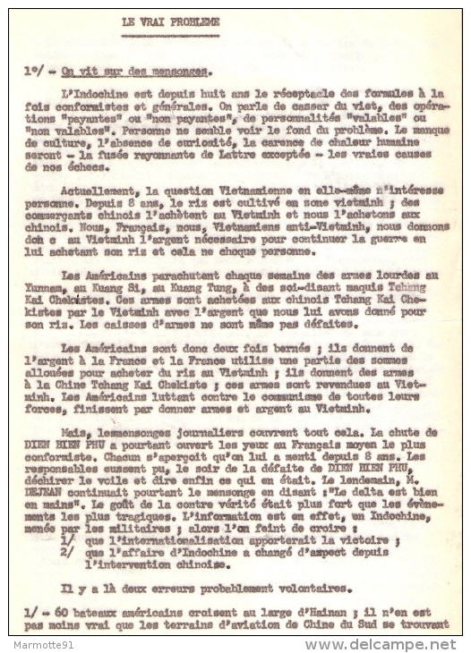 DOC #8 RAPPORT VRAI PROBLEME GUERRE INDOCHINE DEFAITE DIEN BIEN PHU POLITIQUE - Documents Historiques