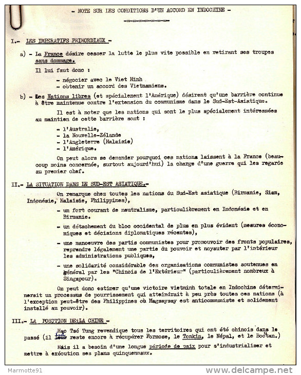 DOC #9 NOTE CONDITIONS ACCORD EN INDOCHINE POLITIQUE GUERRE - Documents Historiques