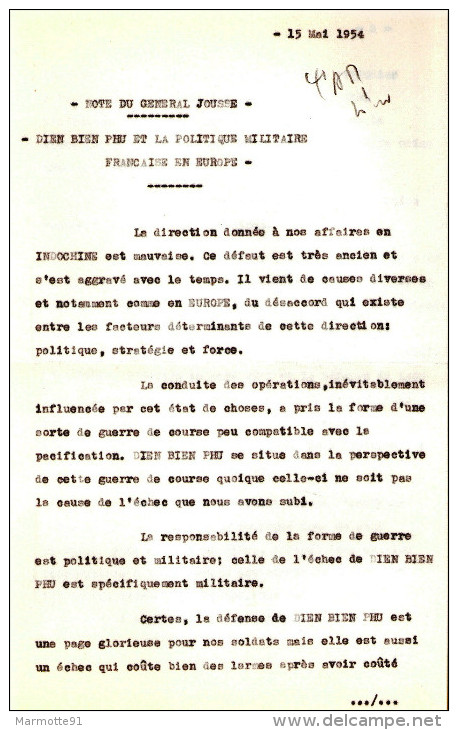 DOC #10 NOTE GENERAL JOUSSE DIEN BIEN PHU ET POLITIQUE MILITAIRE FRANCAISE EN EUROPE 1954 - Historical Documents