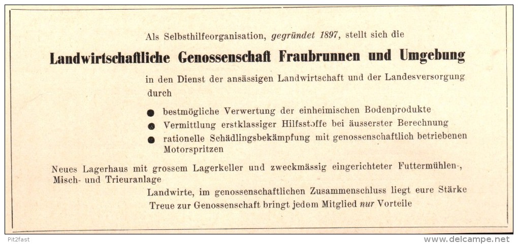 Original Werbung - 1947 - Landwirtschaftliche Genossenschaft In Fraubrunnen , Landwirtschaft , Agrar !!! - Publicités