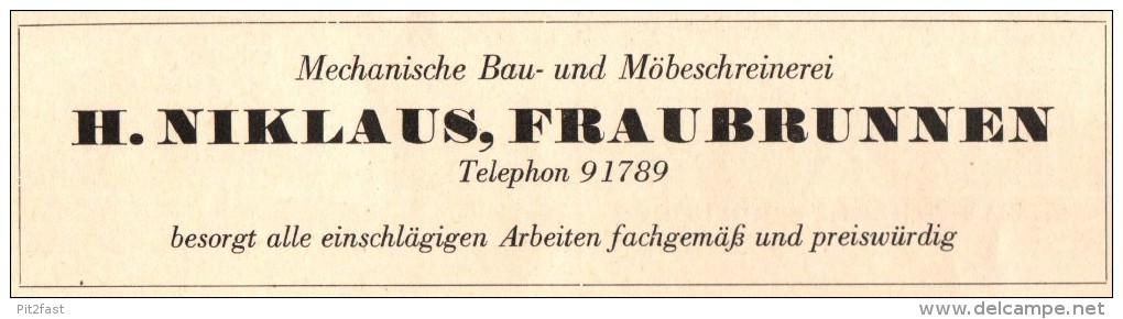 Original Werbung - 1947 - H. Niklas In Fraubrunnen , Schreinerei , Tischlerei !!! - Publicités