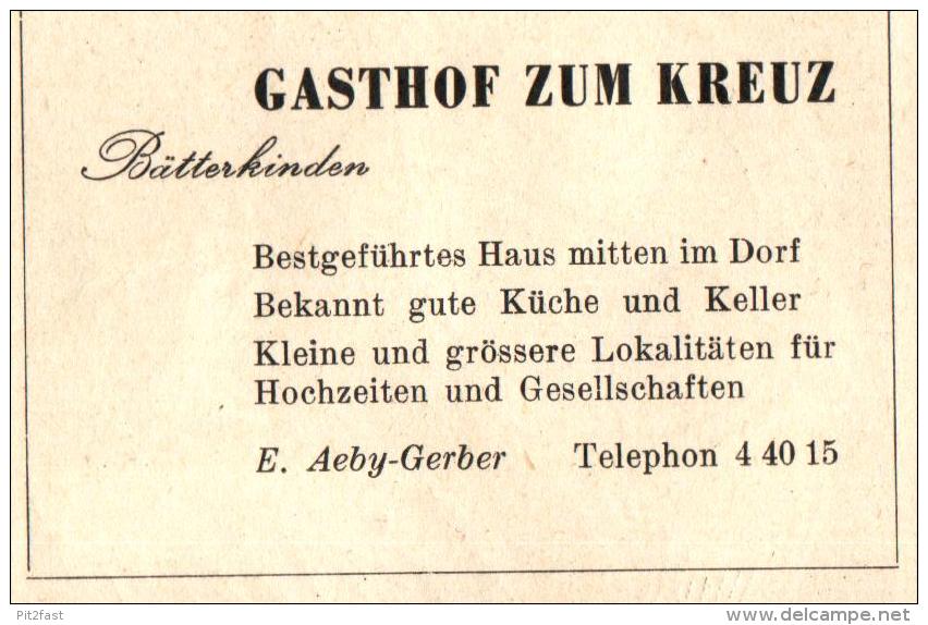 Original Werbung - 1947 - Gasthof Zum Kreuz In Bätterkinden , E. Aeby-Gerber , Hotel !!! - Publicités
