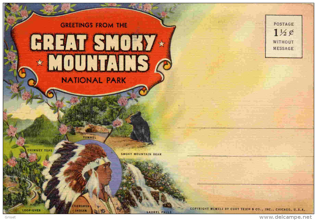 Great Smoky Mountains-carte Postale- Indien Cherokee-ours+  Dépliant18  Photos Couleurs-années 30 - Autres & Non Classés