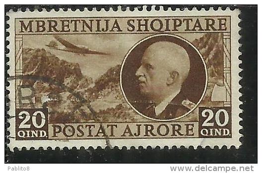 ALBANIA 1939 POSTA AEREA AIR MAIL RE VITTORIO EMANUELE III KING 20 Q USATO USED OBLITERE´ - Albania