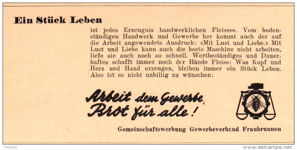 Original Werbung - 1947 - Brot Für Alle , Gewerbeverband Fraubrunnen !!! - Publicités