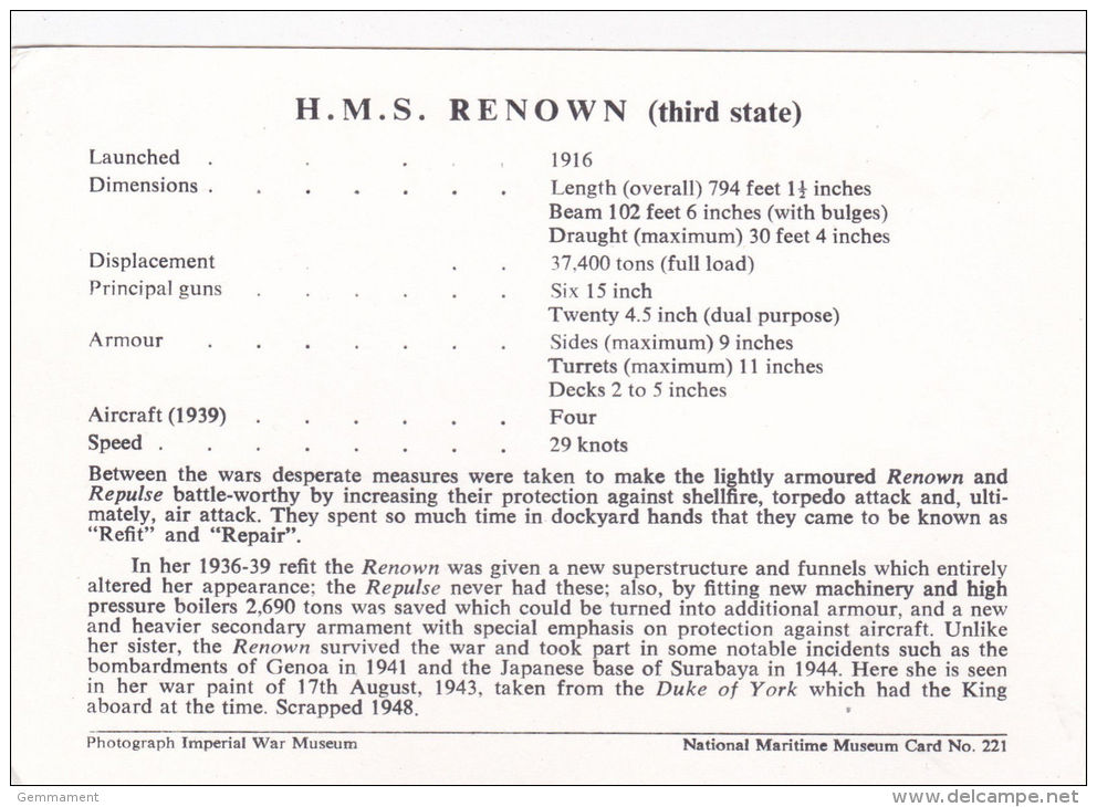 SHIPPING . H.M.S. RENOWN (THIRD STATE) - Warships