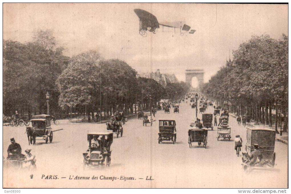 75 PARIS  L'AVENUE DES CHAMPS ELYSEES VOITURES ATTELAGES AVION CIRCULEE 1921 - Champs-Elysées