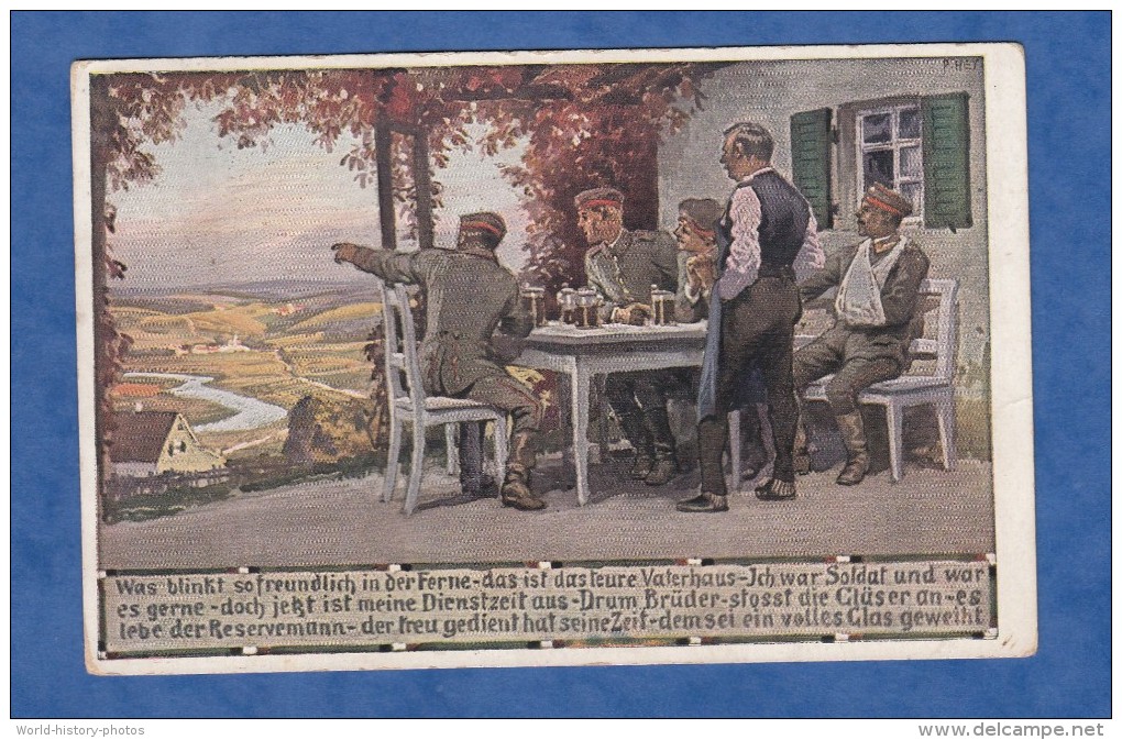 CPA Illustrée Par Paul Hey - Groupe De Poilu Allemand à Une Table D'auberge Regardant Au Loin - Biére Bier WW1 - Hey, Paul