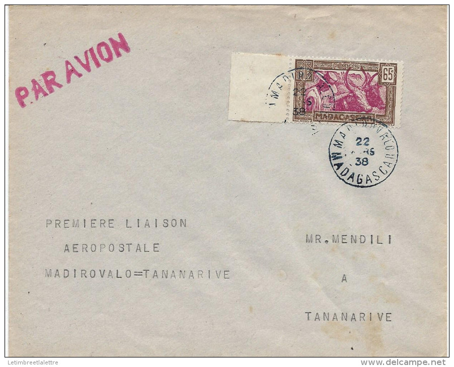 23.3.1938 Lettre Avec Mention Dactyl '' Premiere Liaison Aérienne Madirovalo - Tananarive '' - Posta Aerea