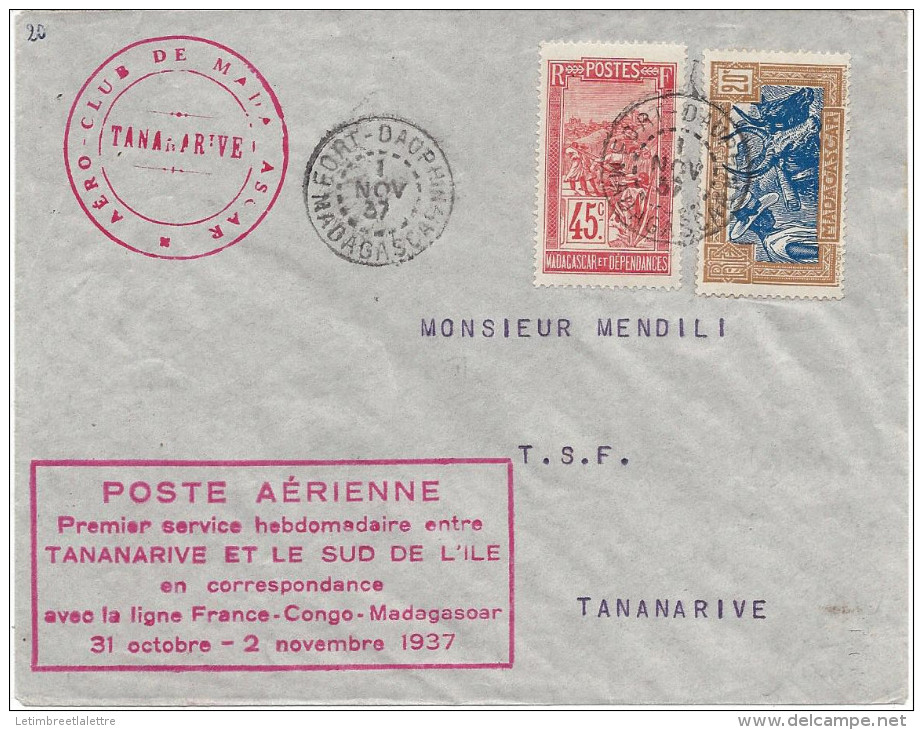 1.11.1937 Fort - Dauphin - Tananarive Lettre Avec Cachet Rect Rouge - Poste Aérienne