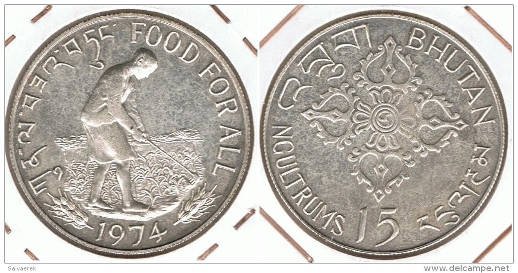 BHUTAN  15 NGULTRUMS FAO 1974 PLATA SILVER - Butan