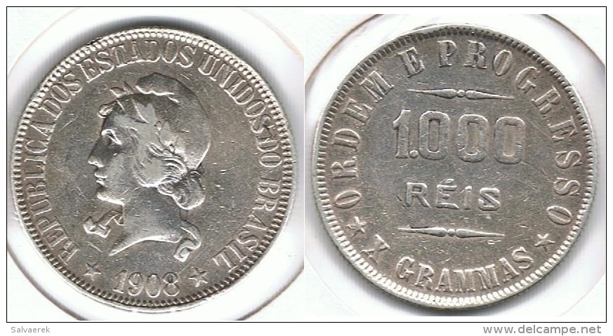 BRASIL 1000 REIS 1908 PLATA SILVER D10 - Brasil