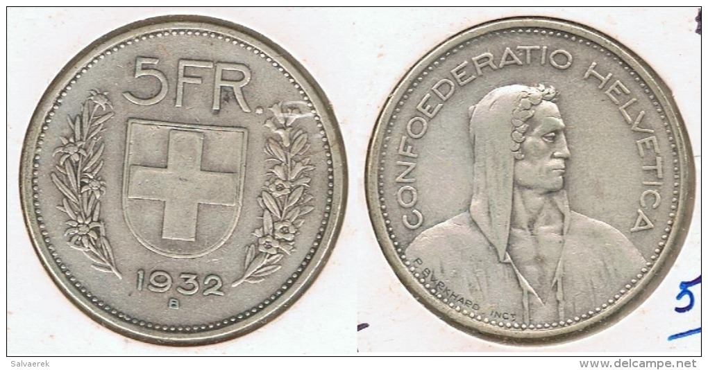 SUIZA HELVETIA 5 FRANCS 1932 PLATA SILVER C6 - Other & Unclassified