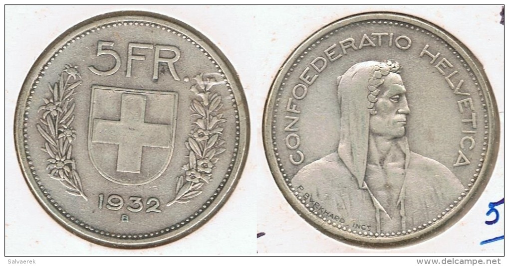 SUIZA HELVETIA 5 FRANCS 1932 PLATA SILVER C6 - Otros & Sin Clasificación