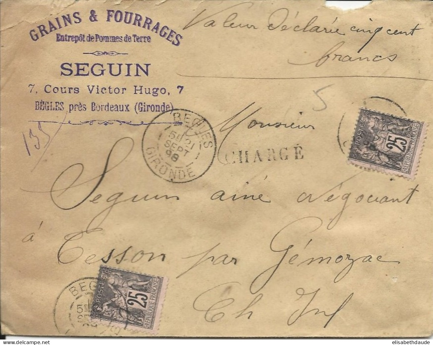 1898 - SAGE N/U - ENVELOPPE CHARGEE De BORDEAUX - 1876-1898 Sage (Type II)