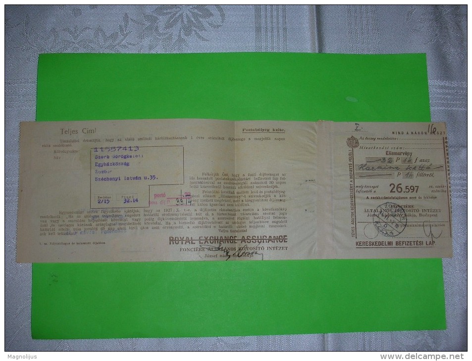 R!,Hungary,postal R Budapest Label,memorandum Cover,Royal Exchange Assurance Registered Letter,official Money Receipt,WW - Officials