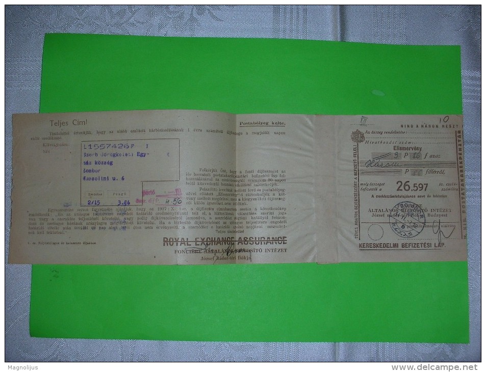 R!,Hungary,Serbia Occupation,memorandum Cover,Royal Exchange Assurance Company Letter,official Postal Money Receipt,WWII - Covers & Documents