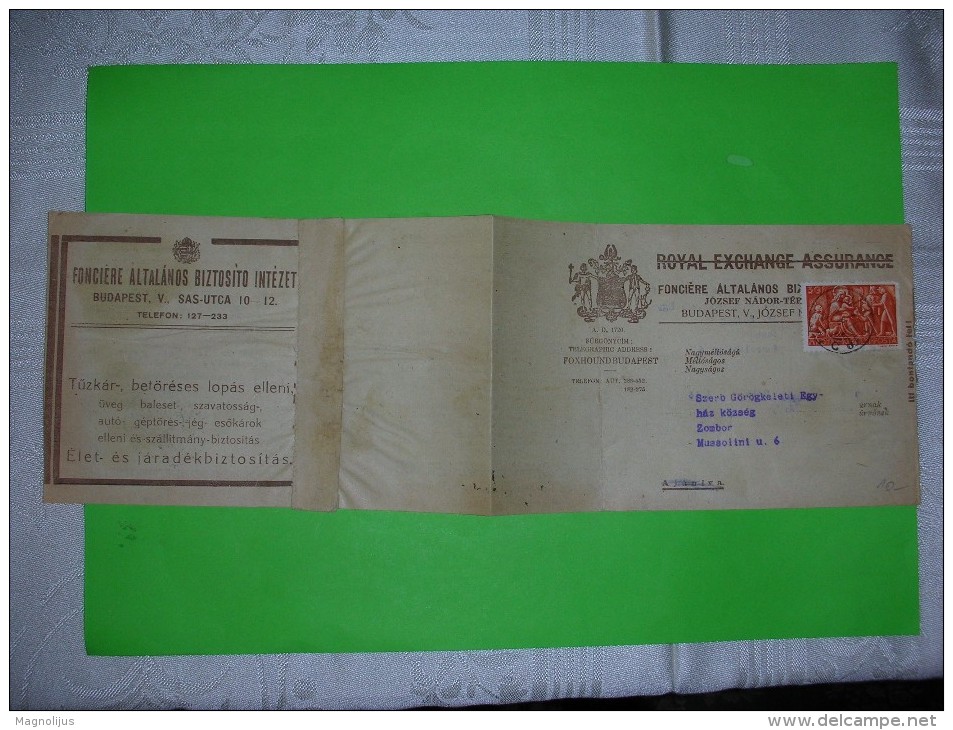 R!,Hungary,Serbia Occupation,memorandum Cover,Royal Exchange Assurance Company Letter,official Postal Money Receipt,WWII - Storia Postale