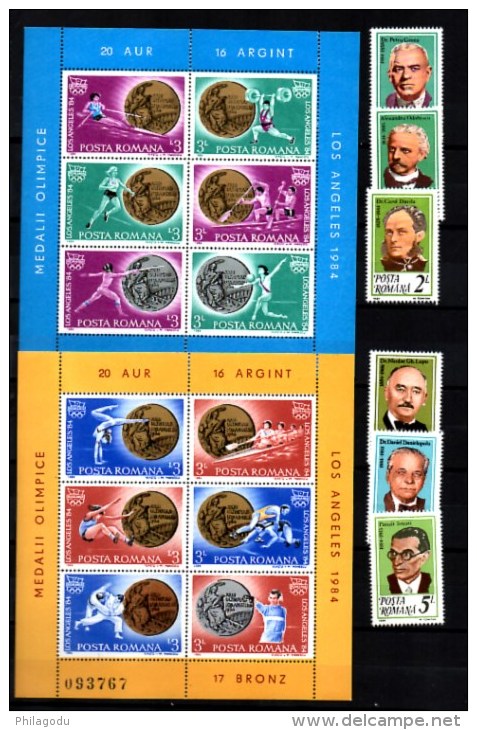 Roumains Célèbres, Médailles J O Los Angeles, 6 X  3547 / 3552** + BF 171 / 172**,  Cote 64,50 € - Unused Stamps