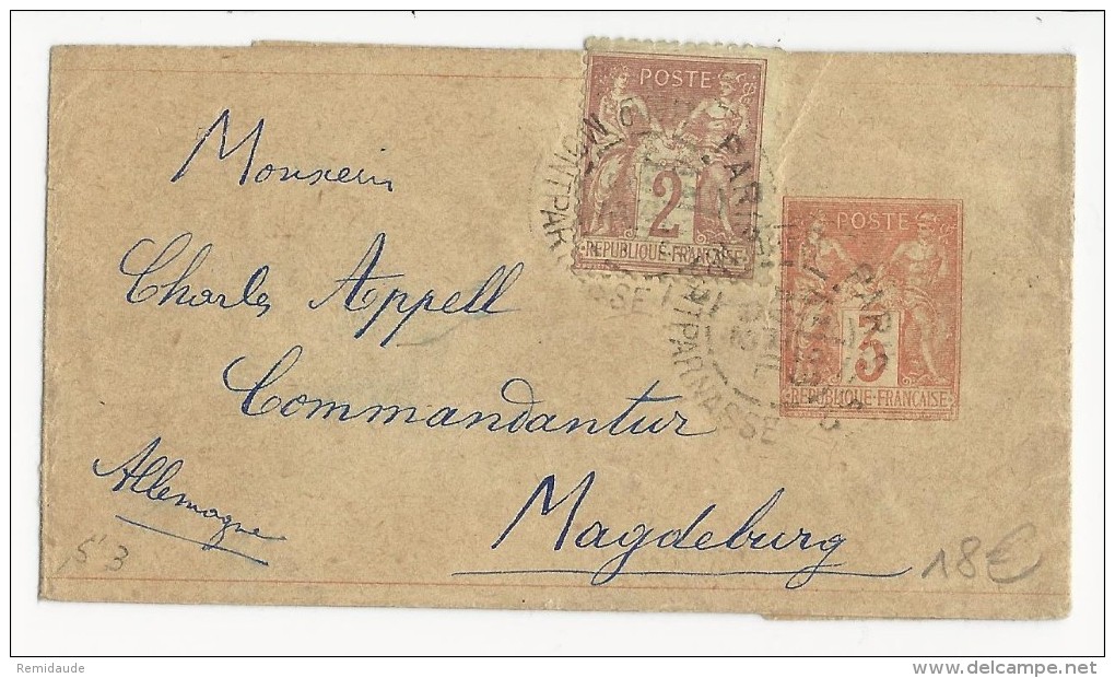 1892 - SAGE - BANDE JOURNAL ENTIER POSTAL De PARIS Pour MAGDEBURG (ALLEMAGNE) - Streifbänder