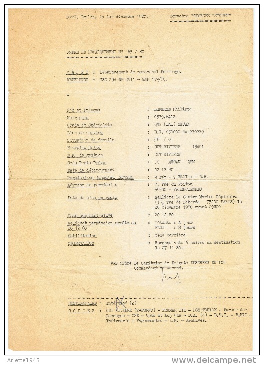 BORD TOULON LE 1er DECEMBRE 1980  CORVETTE " GEORGES LEYGUES"  ORDRE DE DEBARQUEMENT - Bateaux