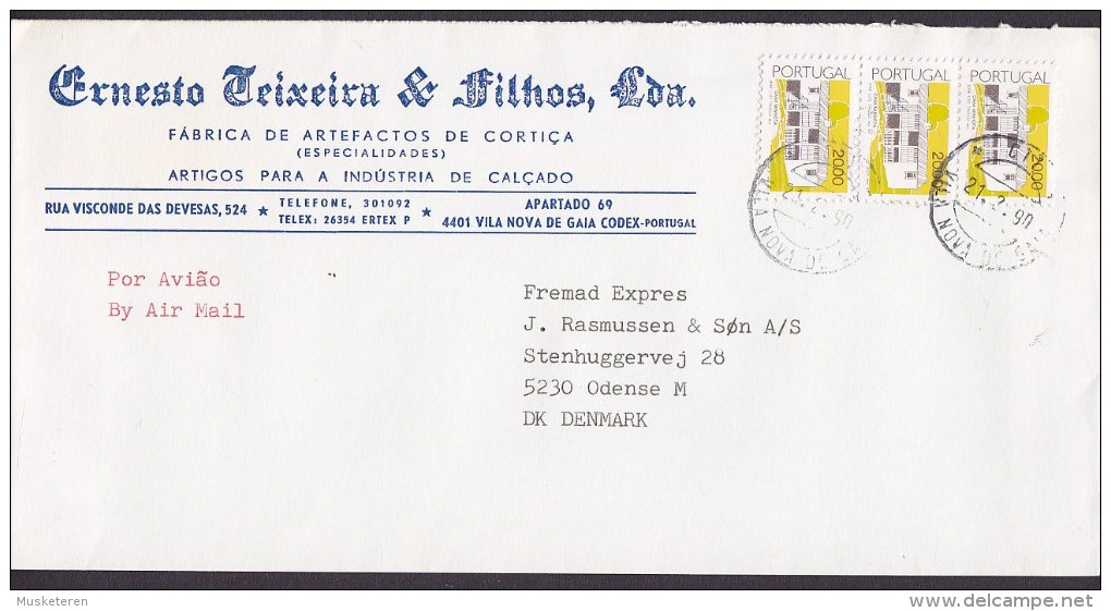 Portugal Air Mail Por Aviao ERNESTO TEIXEIRA & Filhos 1990 Cover Letra ODENSE Denmark 3-Stripe - Storia Postale