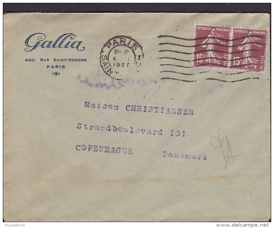 France GALLIA, PARIS 1927 Cover Lettre To Denmark 2x Semeuse (Paire) - 1906-38 Säerin, Untergrund Glatt