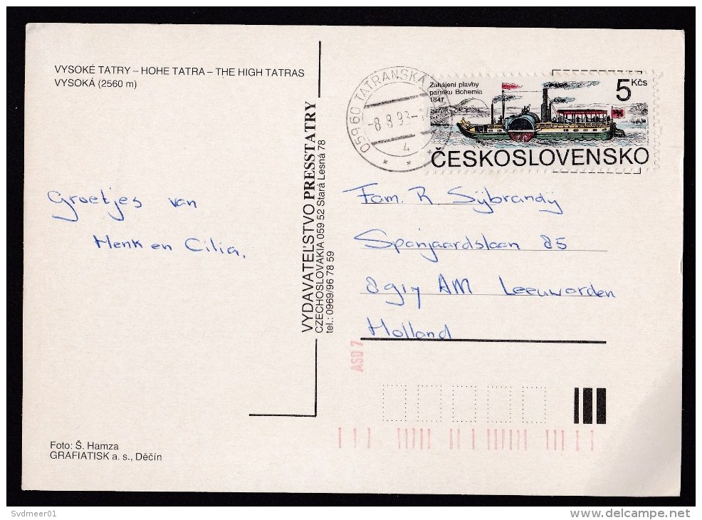 Czechoslovakia: Picture Postcard Tatranska / Tatra Mountains To Netherlands, 1993, 1 Stamp, Steam Ship (crease) - Lettres & Documents