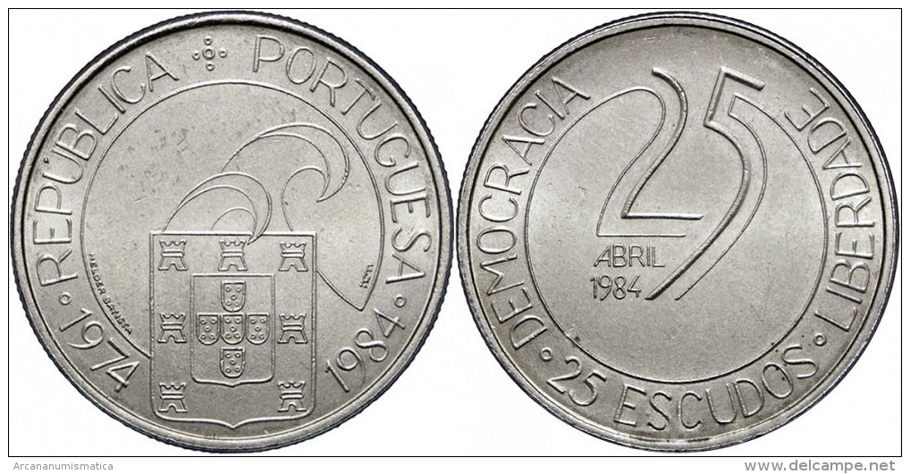 PORTUGAL  25 Escudos 1.984  Cu Ni  KM#623 "25 Abril 1.984-10Th Anniversary Of Revolution"  UNC/SC  T-DL-11.348 - Portugal