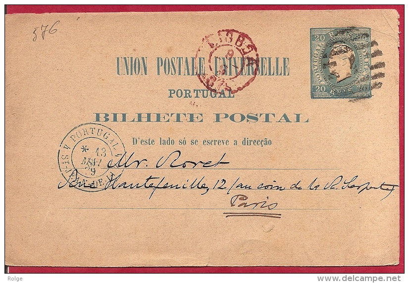 LD-576     LISBOA 1879        Naar     PARIS     Grensovergangstempel   4 PORTUGAL 4 ST JEAN DE LAZ - Postal Stationery