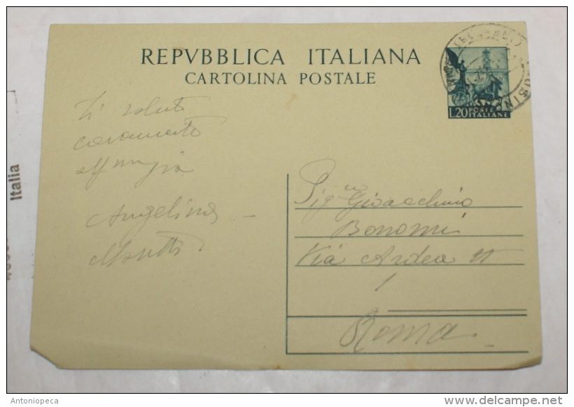 ITALIA 1952 ,CARTOLINA POSTALE LIRE 20, VIAGGIATA - Interi Postali