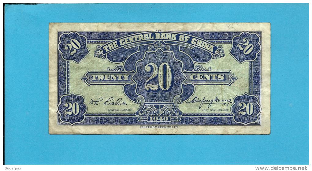 CHINA - 20 Cents = 2 Chiao - 1940 - P  227 - The Central Bank ( National ) - 2 Scans - China