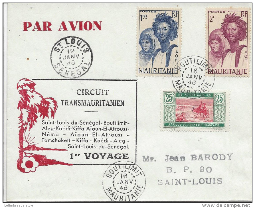 Circuit Transmauritanien, Saint Louis Du Sénégal - Boutilimit - Aleg-Kaédi - Aïoun-El-Atrouss - Néma Etc .. 1er Voyage - Storia Postale