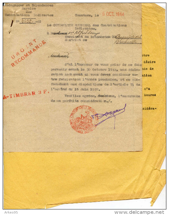 Lot De 2 Lettres De L&rsquo;administration Des Contributions Indirectes De Madagascar à Un Producteur De Betsabeta 1944 - Other & Unclassified