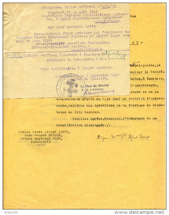 Lot De 2 Lettres De L&rsquo;administration Des Contributions Indirectes De Madagascar à Un Producteur De Betsabeta 1944 - Other & Unclassified