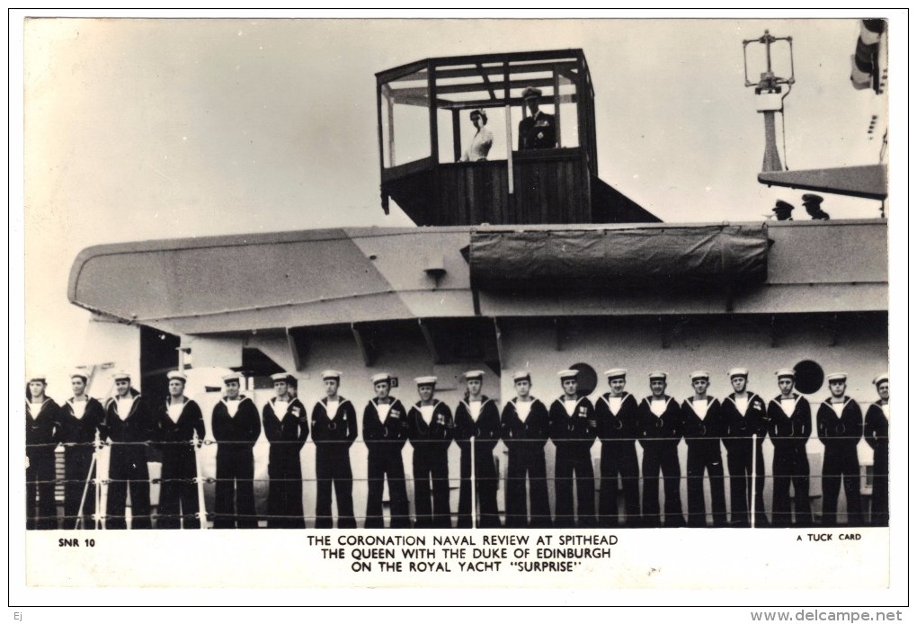 The Coronation Naval Review At Spithead - The Queen & Duke Of Edinburgh On Royal Yacht ´Surprise´ -photographic Postcard - Warships