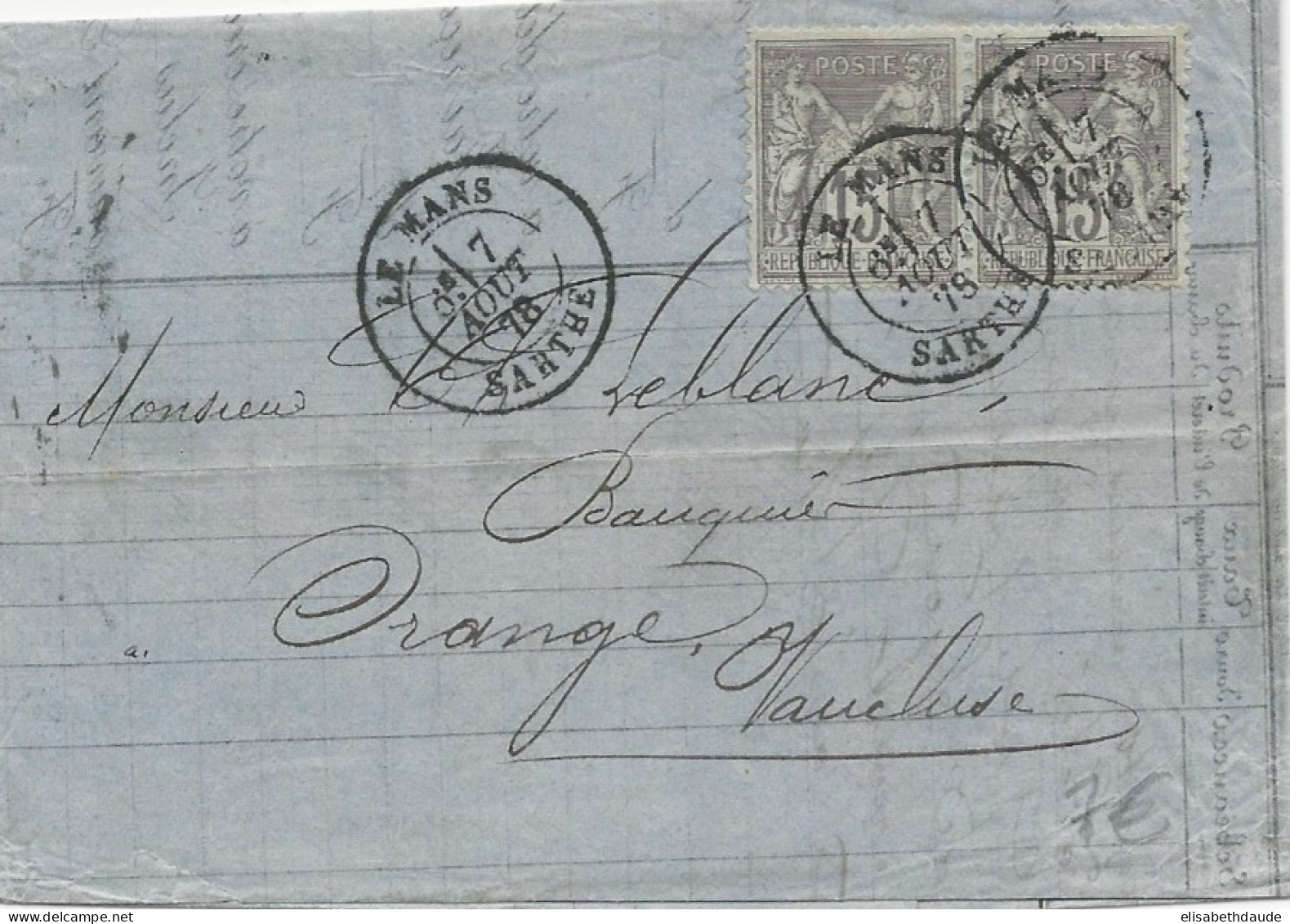 1878 - SARTHE - PAIRE 15c SAGE N/U - LETTRE De LE MANS Pour ORANGE - 1876-1898 Sage (Type II)